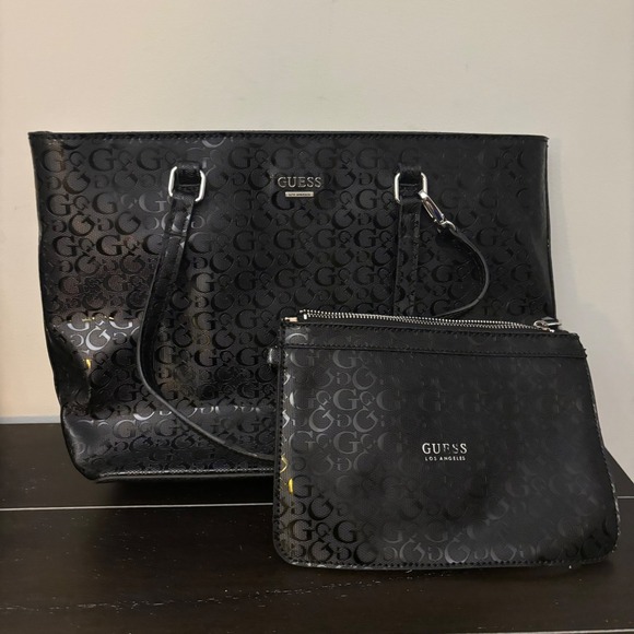 GUESS Los Angeles Black G Logo Tote Bag Purse Handbag + Pouch - Picture 1 of 13